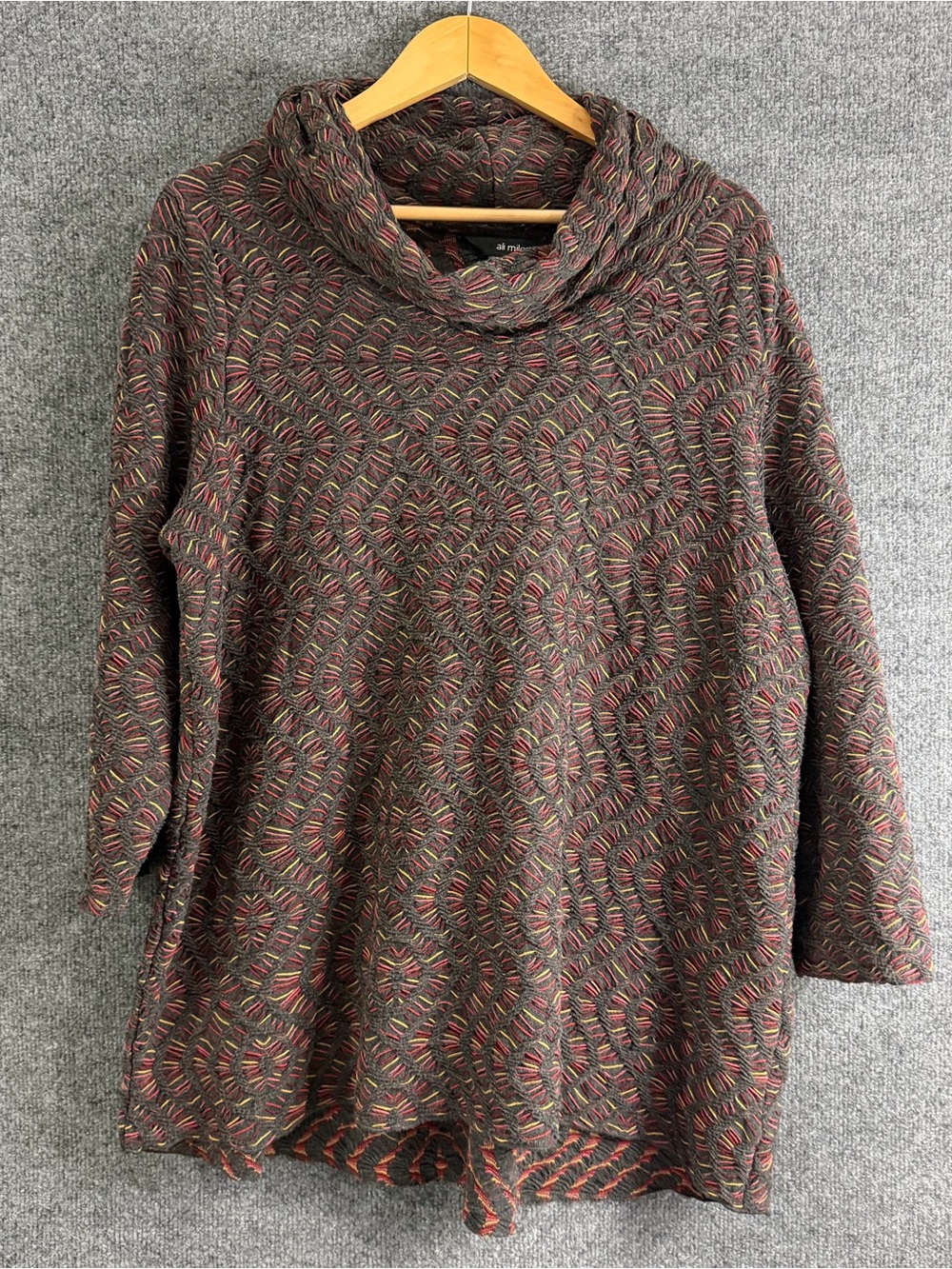 Ali Miles Womens 3/4 Sleeve Knit Sweater Cowl Neck  Multicolor Pullover Artsy